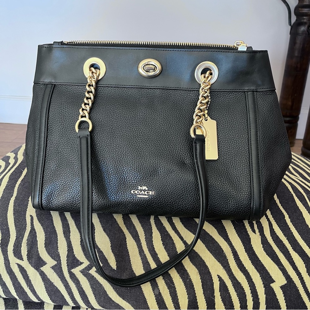 Coach Pebble Handbag. Black with gold hardware. 14” width. 9” height.